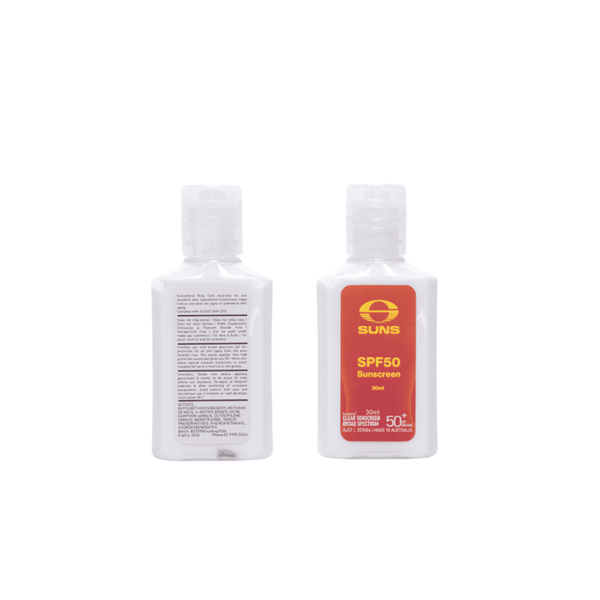A 30ml SPF50 sunscreen lotion in a clear bottle with a red label and a logo.