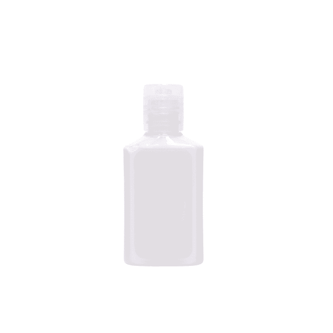 A clear 30ml bottle of SPF 50 sunscreen lotion with a flip-top cap, featuring a smooth surface.