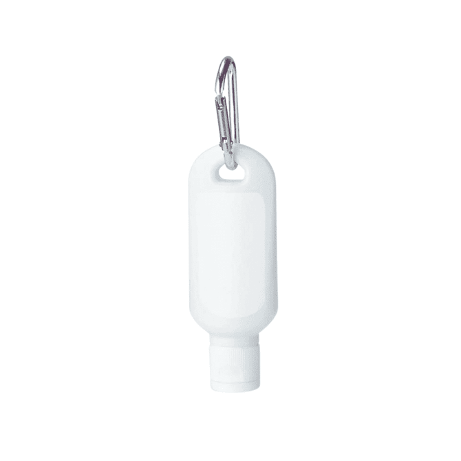A white 30ml sunscreen lotion bottle with a carabiner attached for easy carrying.