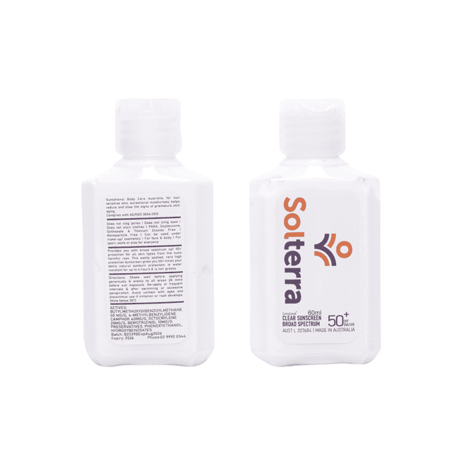 A white bottle of 60ml SPF 50 sunscreen lotion with a logo and informational text on the label.