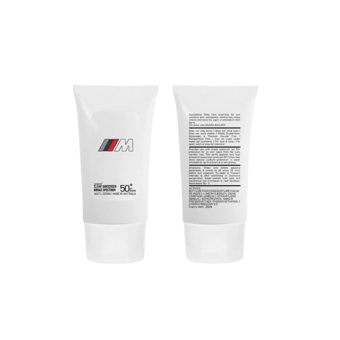 A white 30ml tube of SPF 50 sunscreen lotion featuring a logo, with details on the back.