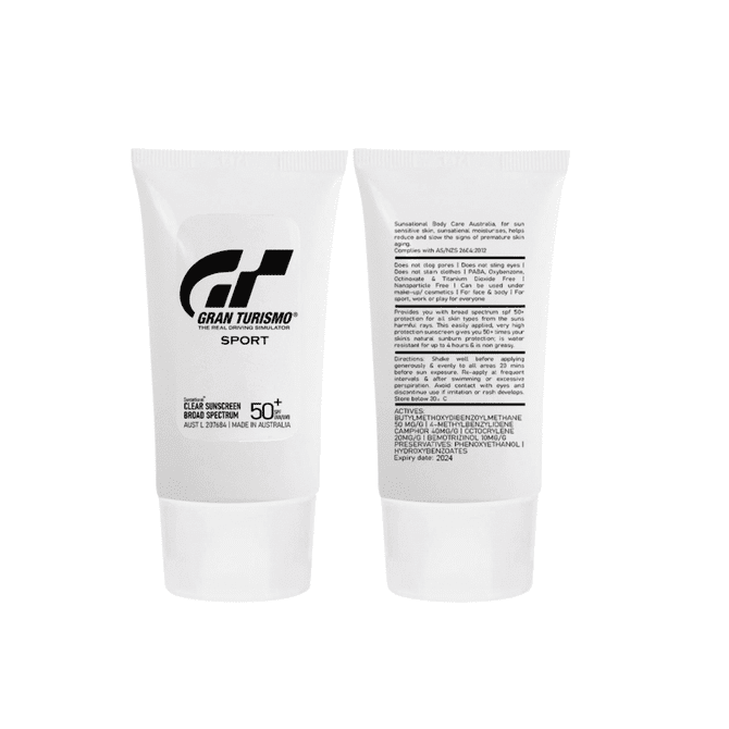 A white tube of SPF 50 sunscreen lotion featuring a logo, with text on the front and back.