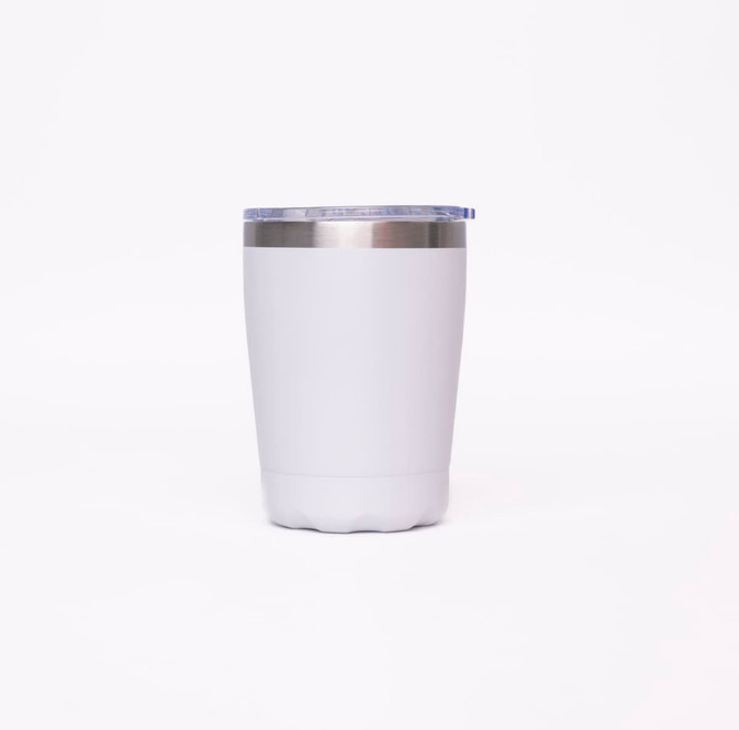 A drink bottle in white with a silver band and a clear lid, featuring a logo on one side.