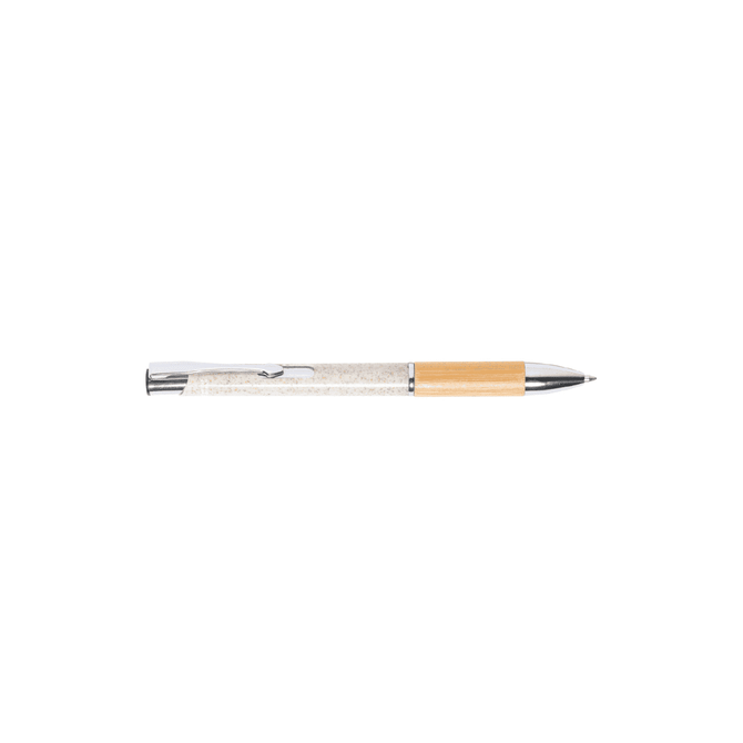 A bamboo grip pen with a wheat straw body and chrome accents, featuring a wooden barrel.