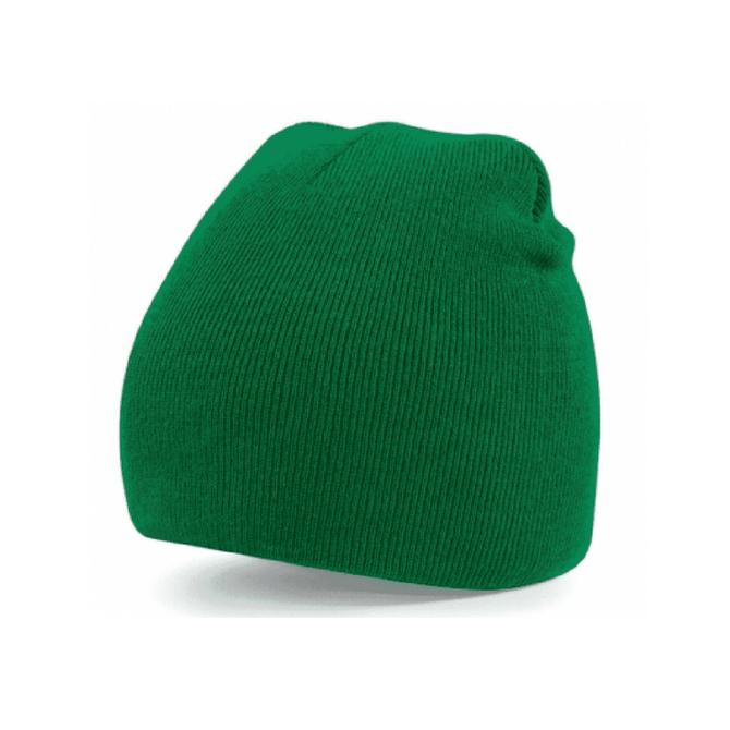 A green acrylic beanie hat with a ribbed texture and a rounded top. It features a logo.