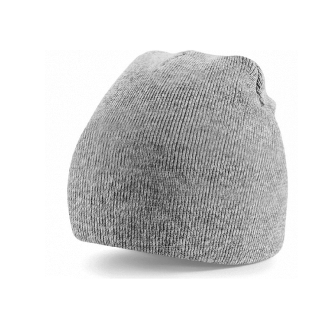 Acrylic beanie hat in a soft grey colour, featuring a simple, snug design and a small branding logo.