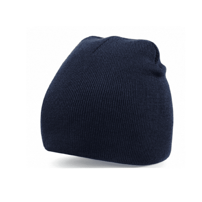 Acrylic beanie hat in navy, featuring a snug design and ribbed texture. Includes a logo.
