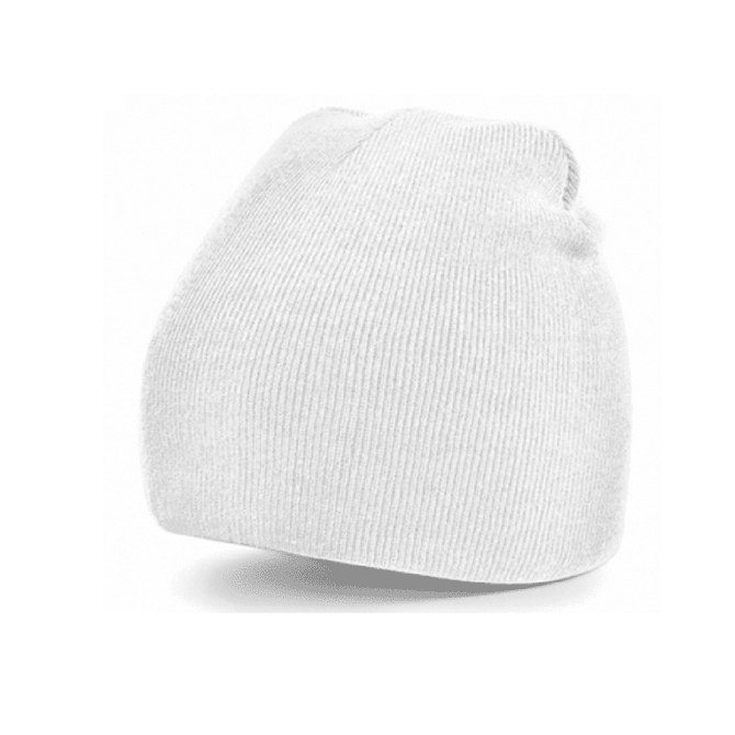 A white acrylic beanie hat with a ribbed texture and a logo.