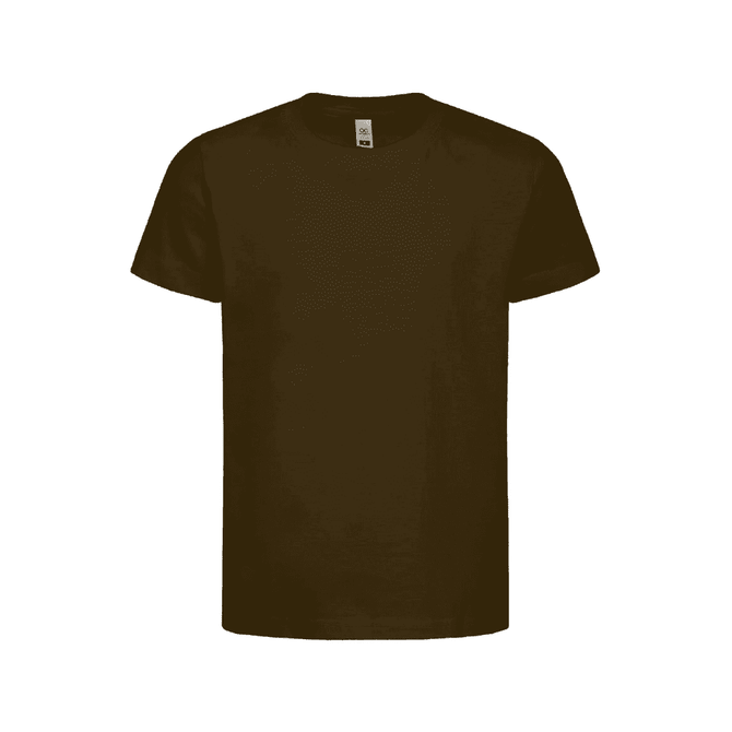 A dark olive green kids' essential tee with a classic crew neck and short sleeves. The shirt features a brand logo.