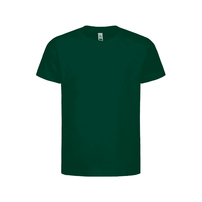 A dark green kids' t-shirt displayed flat. The shirt features a logo on the upper centre.