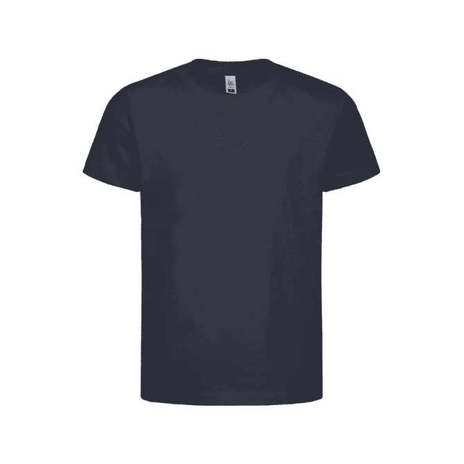 A navy blue kids' essential t-shirt with a round neck and short sleeves, featuring a logo.