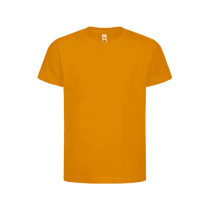 A bright yellow kids' t-shirt in a standard short-sleeve style, featuring a logo on the label.