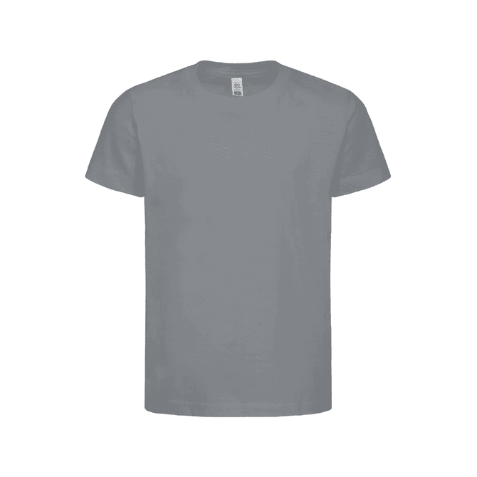 A grey kids' T-shirt with a classic crew neck and short sleeves, featuring a logo on the label.