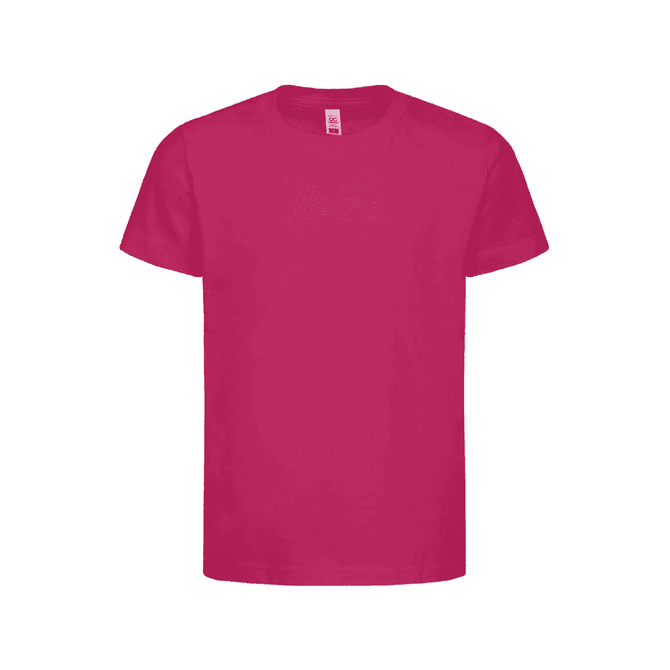 A pink t-shirt with short sleeves and a round neckline, featuring a logo on the label.