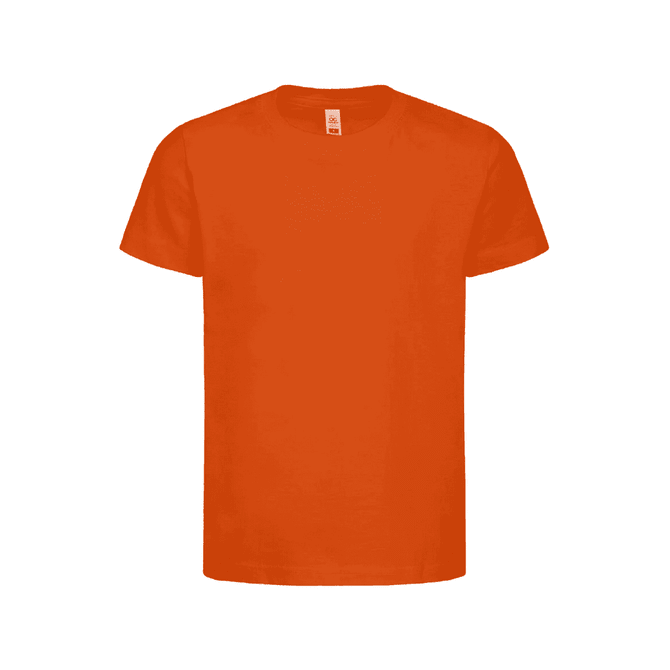 An orange kids' t-shirt with short sleeves, featuring a tag and a plain design.