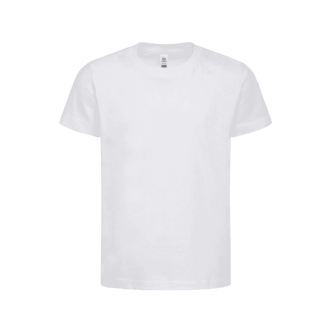 A white kids' essential tee featuring a classic crew neckline and short sleeves. It has a logo on the tag.