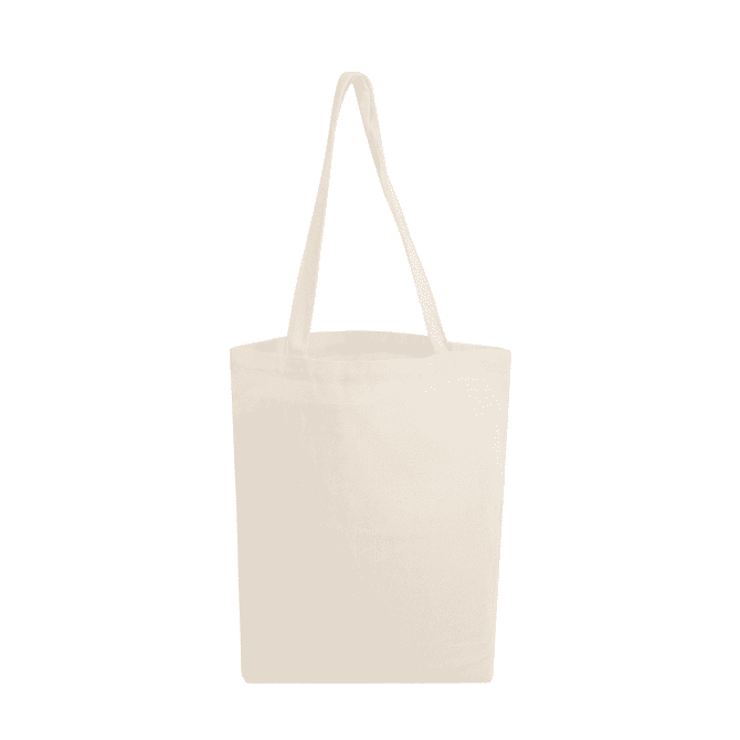 A natural-coloured hemp tote bag with a gusset and long handles, featuring a branding logo.