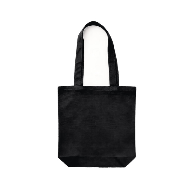 A black canvas tote bag with long handles and a simple design. It features a logo on the front.