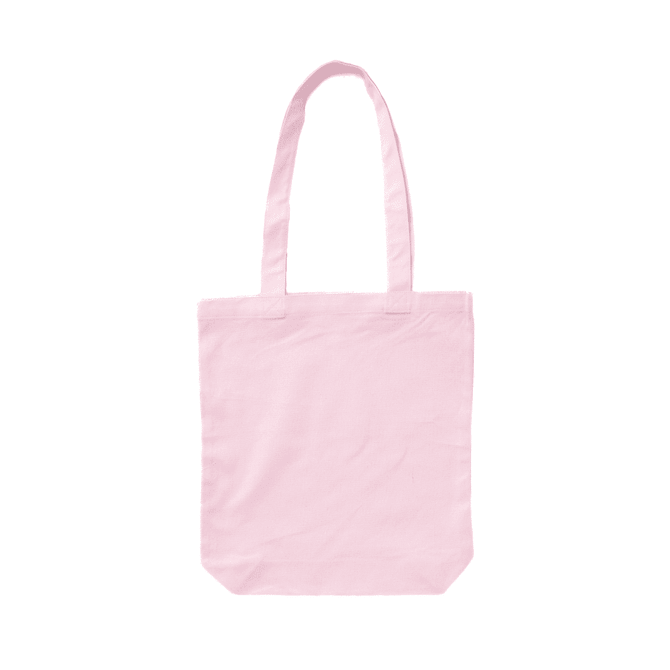 A pink canvas tote bag with long handles and a blank surface. It has a simple design and features a logo.