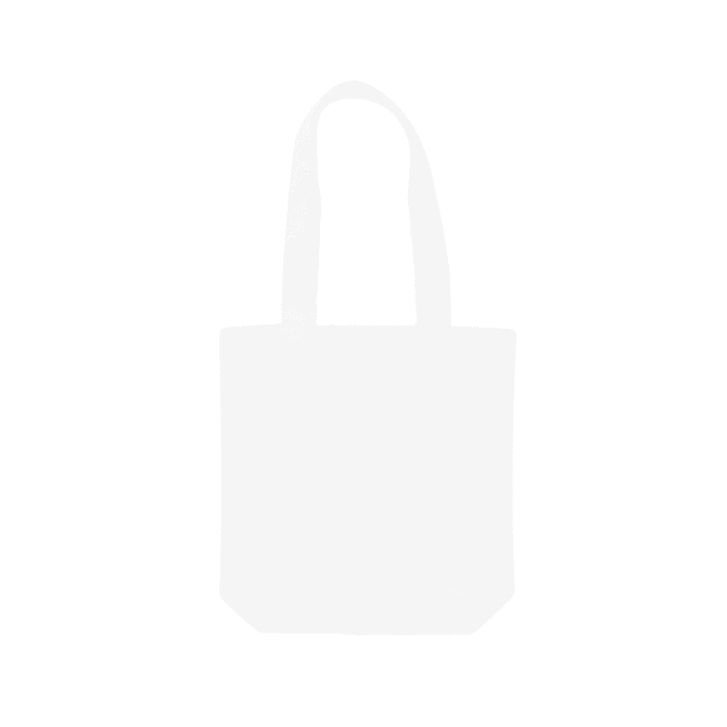 A plain white canvas tote bag with two handles and a logo. Ideal for carrying items.