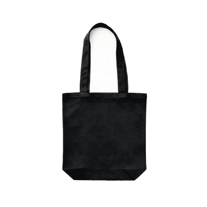 A black canvas tote bag with two sturdy handles and a spacious interior, featuring a logo.