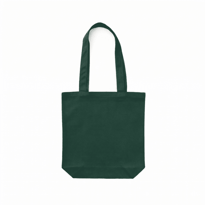 A dark green canvas tote bag with two handles and an unembellished surface.