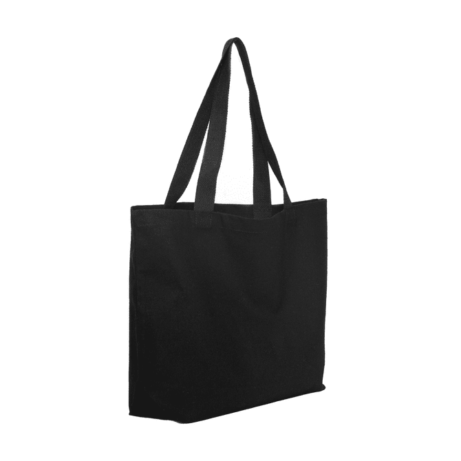A black canvas tote bag with long handles and a simple design. It features a logo on the front.
