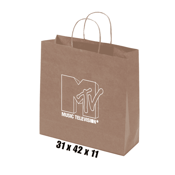 A large brown kraft paper bag with twisted handles and a logo. Dimensions: 31 x 42 x 11 cm.