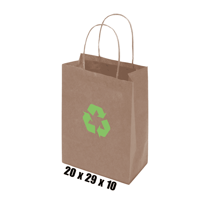 A brown kraft paper bag with a twisted paper handle and a recycling logo, measuring 20 x 29 x 10 cm.