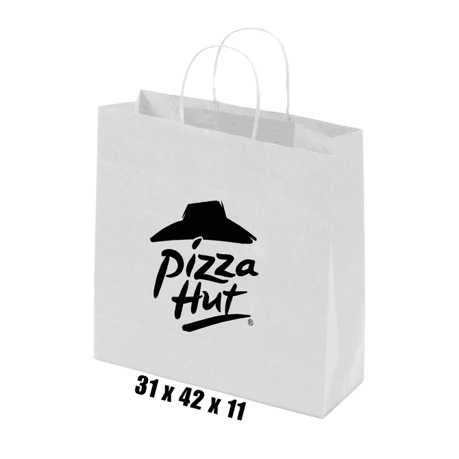 A large white paper bag with a twisted paper handle and a logo printed on the front.