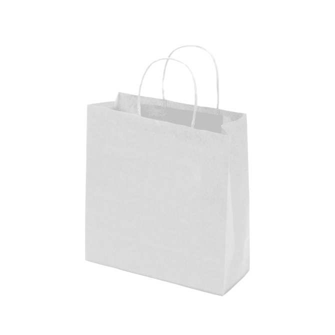 A medium white kraft paper bag with twisted paper handles, featuring a simple design and no visible branding.