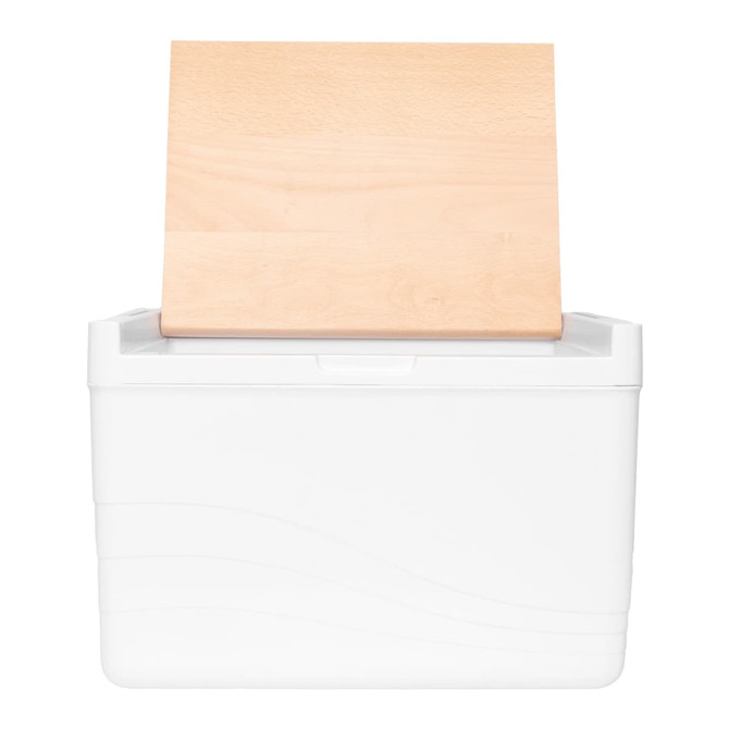 A white cooler box with a light wood lid resting on top, featuring a smooth, curved design.
