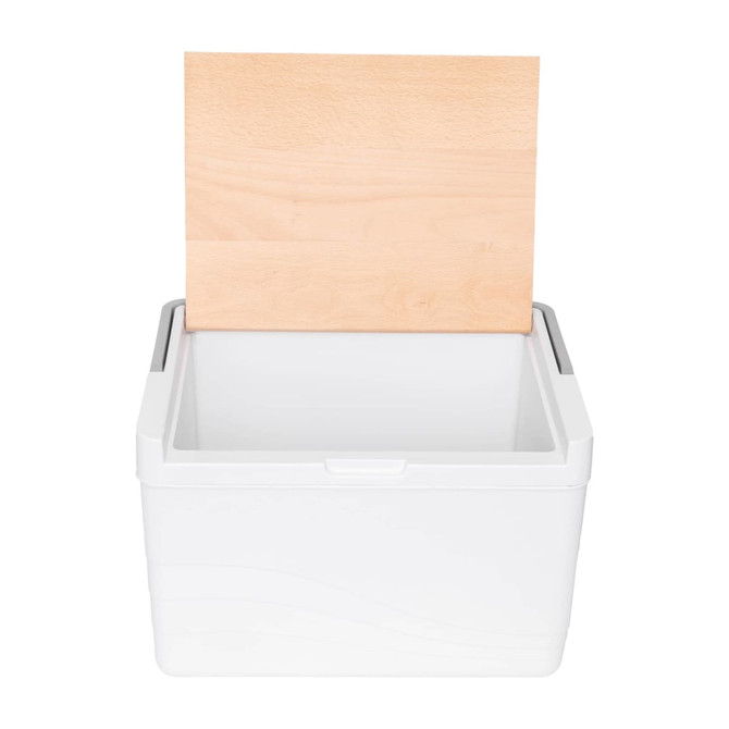A white 11L premium cooler box with a wooden lid. The box features a simple design and is brandless.
