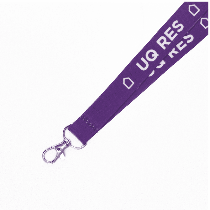 A purple lanyard with a swivel clip, featuring a logo and a smooth finish.