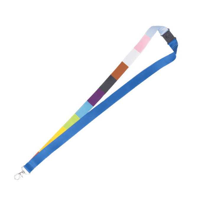 A dye sublimated lanyard with a swivel clip, featuring a combination of blue, pink, green, and other vibrant colours.