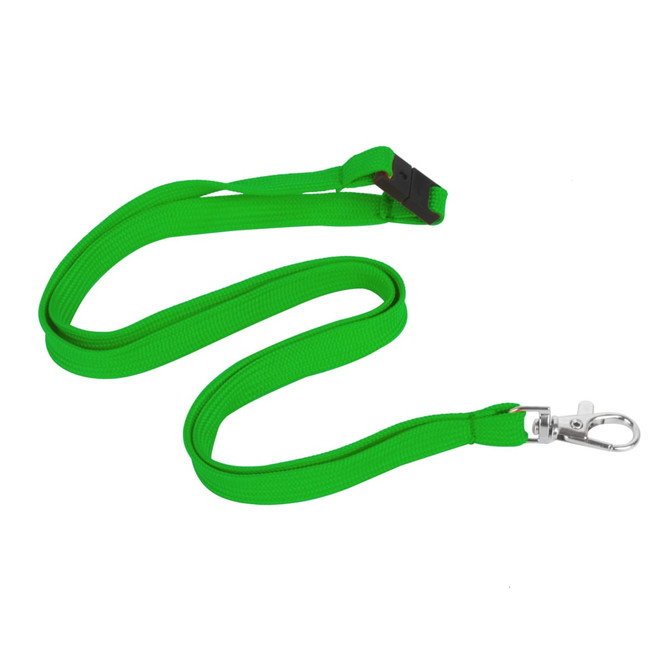 A bright green bootlace lanyard, 10mm wide, featuring a swivel clip, suitable for events and exhibitions.