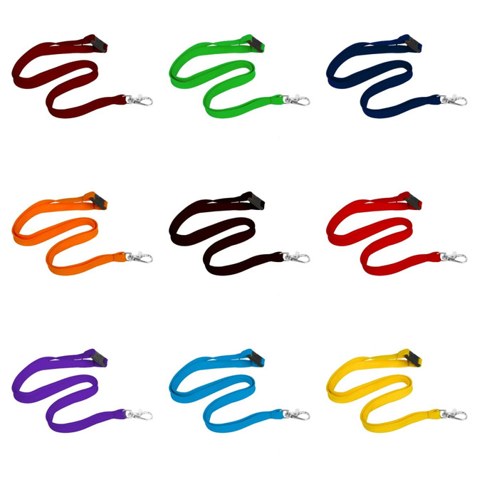 A set of 10mm wide bootlace lanyards in various colours including red, green, blue, orange, brown, purple, and yellow with swivel clips.