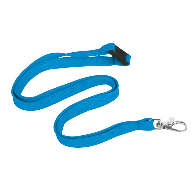 A blue bootlace lanyard, 12mm wide, featuring a swivel clip and a sturdy attachment point.