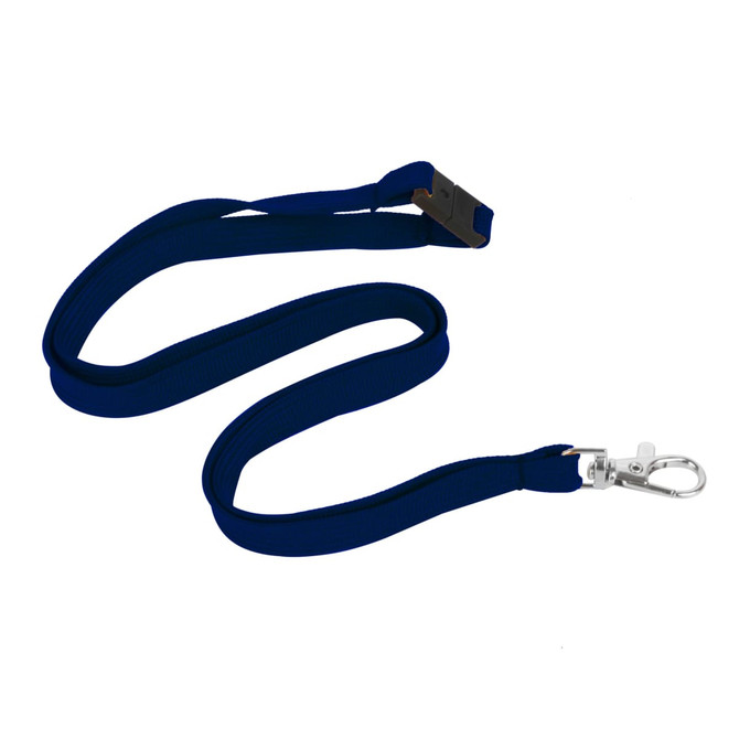 A blue bootlace lanyard, 12mm wide, featuring a swivel clip for attaching items.
