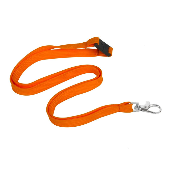 An orange bootlace lanyard with a swivel clip, featuring a sturdy design for exhibitions and events.