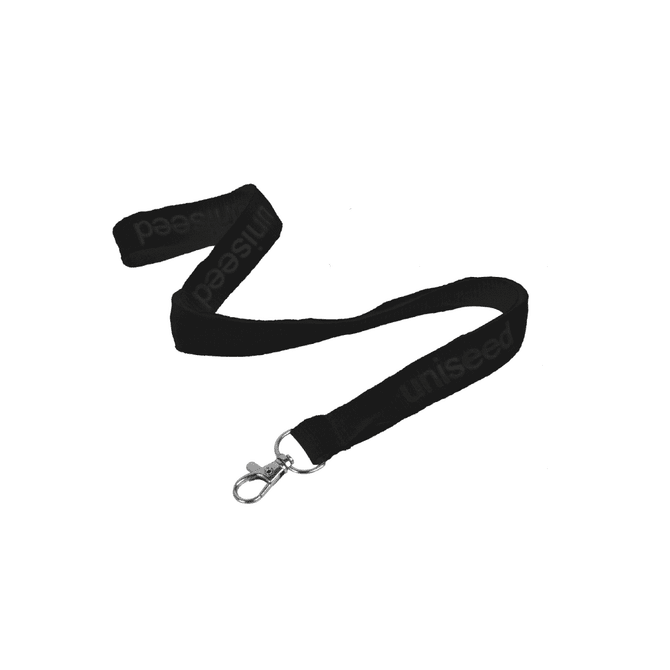 A flat ribbed black lanyard, 15mm wide, featuring a swivel clip and a logo.