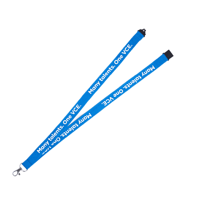 A blue flat ribbed lanyard, 15mm wide, featuring a swivel clip and printed text.