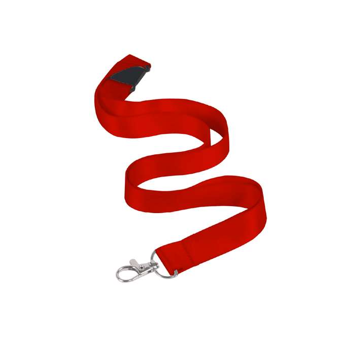 A red nylon lanyard, 15mm wide, featuring a swivel clip and a black attachment.
