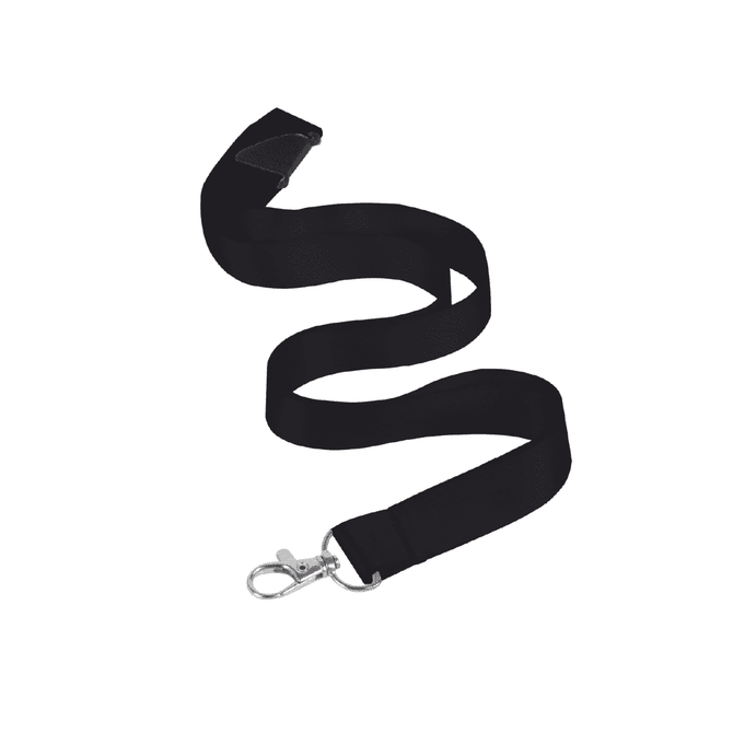 A black nylon lanyard, 15mm wide, featuring a swivel clip and a smooth, flat design.