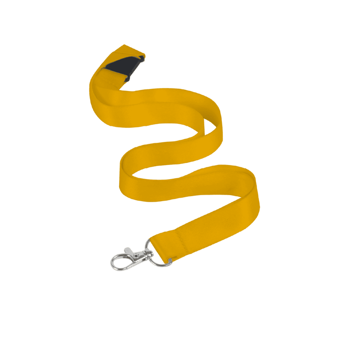 A yellow nylon lanyard 15mm wide featuring a swivel clip and a black safety break. It has a smooth finish.