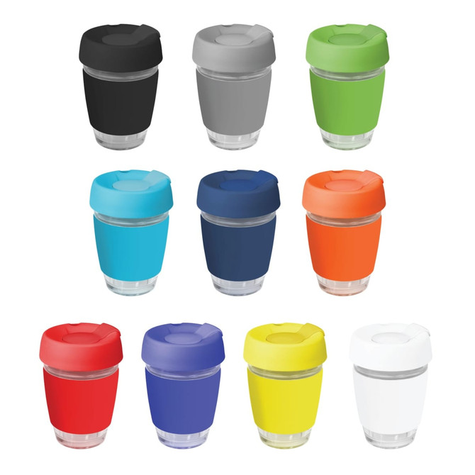 A collection of reusable coffee cups in various colours with silicone lids and bands, featuring a logo on each cup.