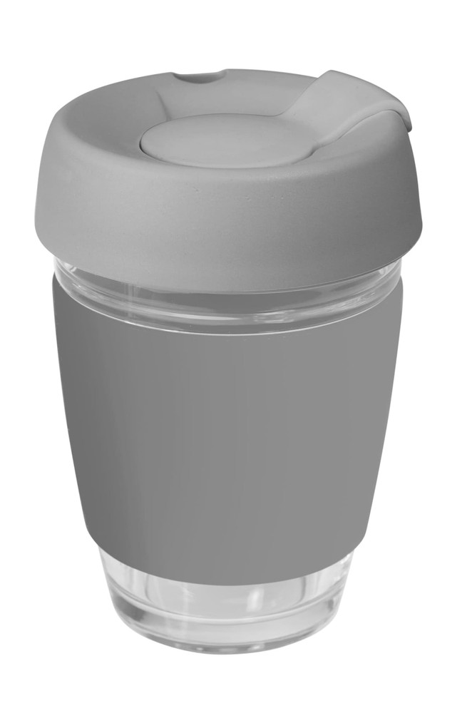 A drink cup featuring a clear glass body with a grey silicone lid and band, designed for reusable coffee.