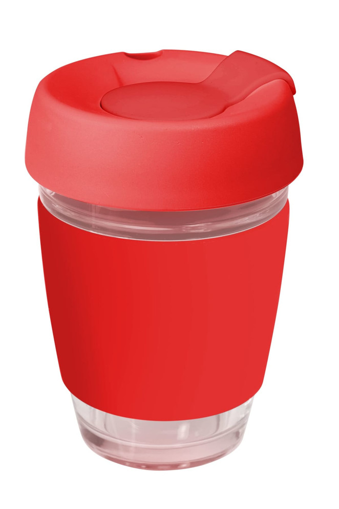 A drink bottle featuring a clear glass body with a red silicone lid and band, designed for reusable coffee use.
