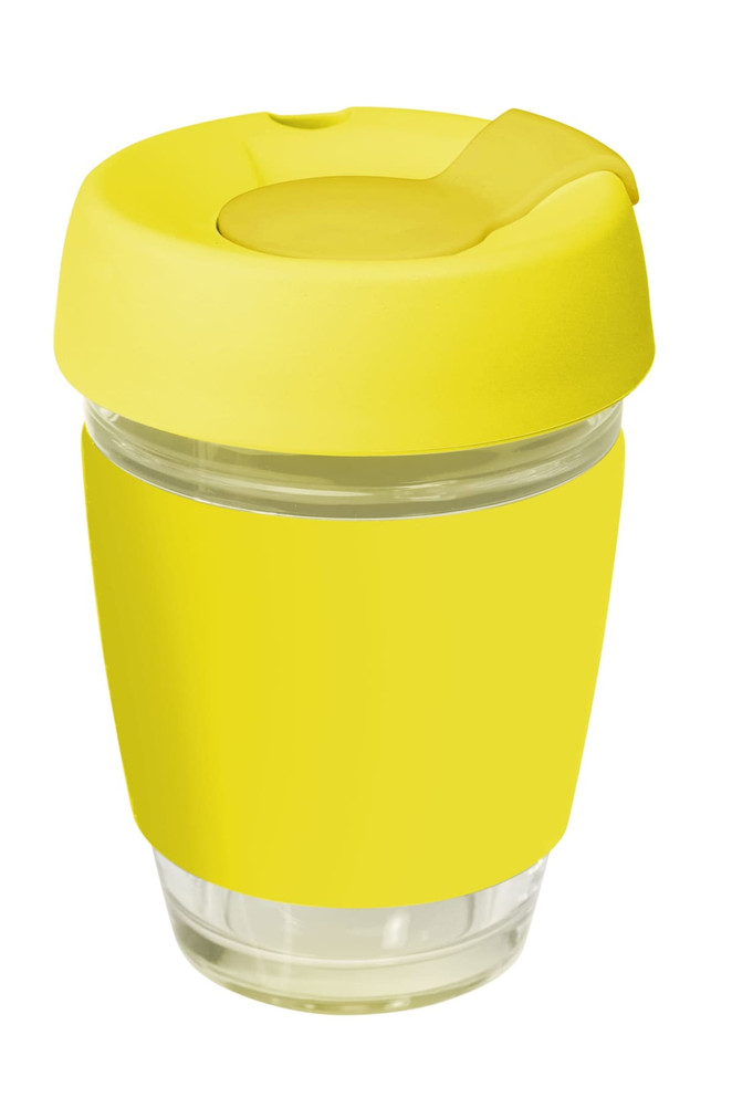 A drink bottle featuring a clear glass body with a bright yellow silicone lid and band. Suitable for hot beverages.