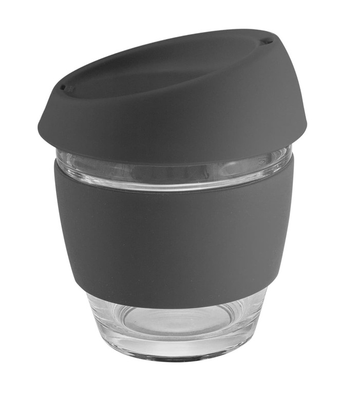 A drink bottle featuring a clear glass body with a black silicone lid and band. Ideal for coffee.